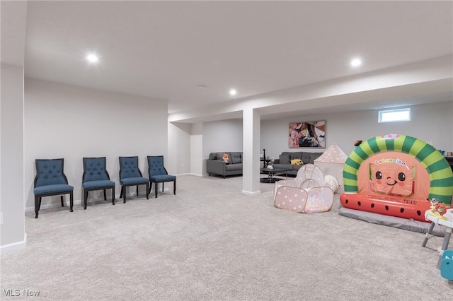 playroom with carpet, baseboards, and recessed lighting