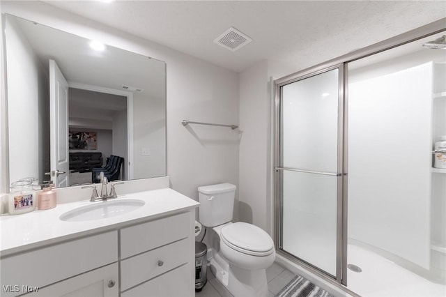 full bath with visible vents, toilet, vanity, and a shower stall