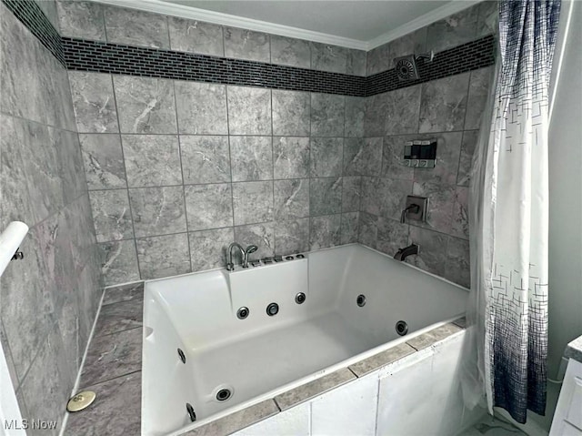 full bath with ornamental molding and a combined bath / shower with jetted tub