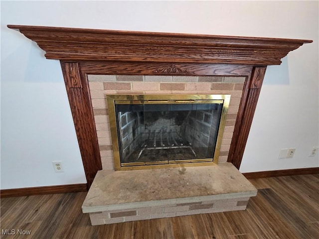 details featuring wood finished floors, a fireplace with raised hearth, and baseboards