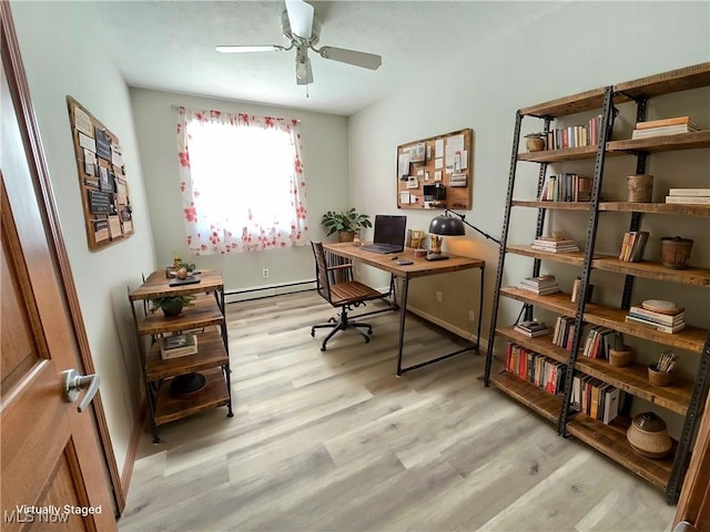 office area with baseboard heating, ceiling fan, and light wood finished floors