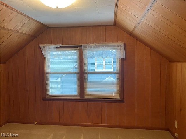 additional living space featuring lofted ceiling, plenty of natural light, and wood walls