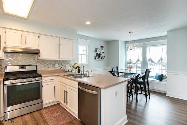 kitchen featuring under cabinet range hood, a peninsula, a sink, appliances with stainless steel finishes, and dark wood-style floors