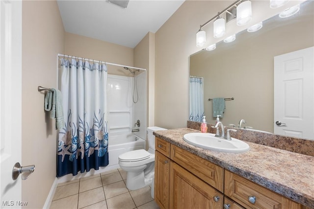 bathroom with tile patterned flooring, toilet, shower / bathtub combination with curtain, and vanity