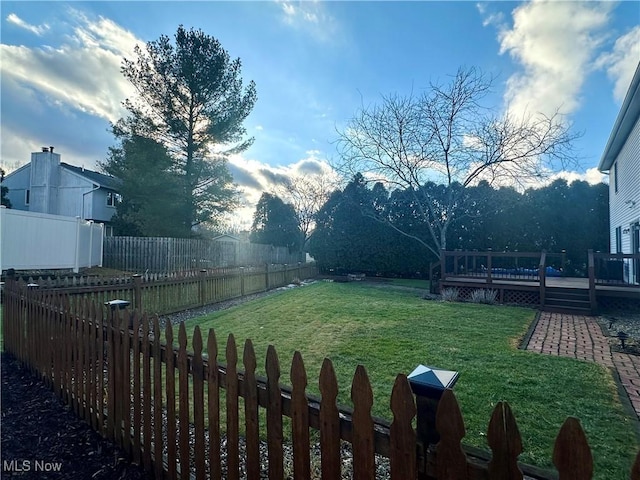 view of yard with a deck and a fenced backyard