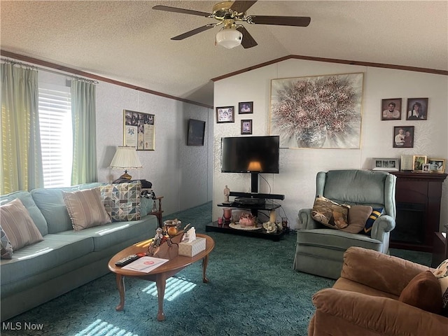 carpeted living area featuring crown molding, a textured wall, vaulted ceiling, a textured ceiling, and ceiling fan