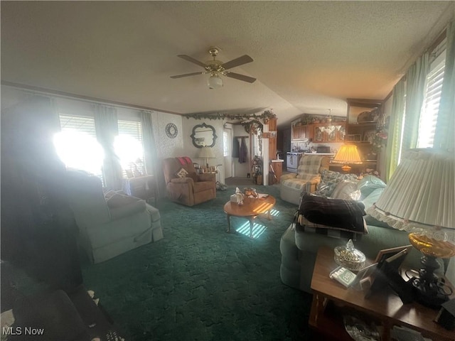 carpeted living room featuring lofted ceiling, ceiling fan, and a textured ceiling