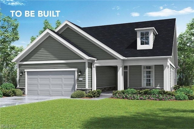 view of front of home featuring a garage, stone siding, concrete driveway, and a front yard