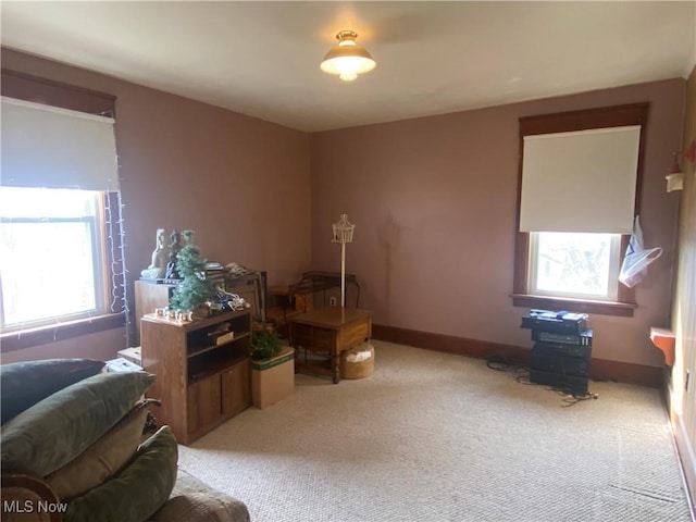 misc room with baseboards and carpet flooring