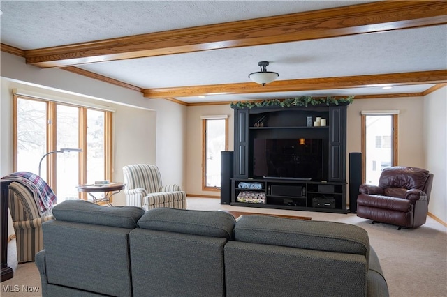 living area featuring light carpet, ornamental molding, plenty of natural light, and beam ceiling