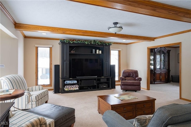 living room with ornamental molding, light carpet, and beamed ceiling