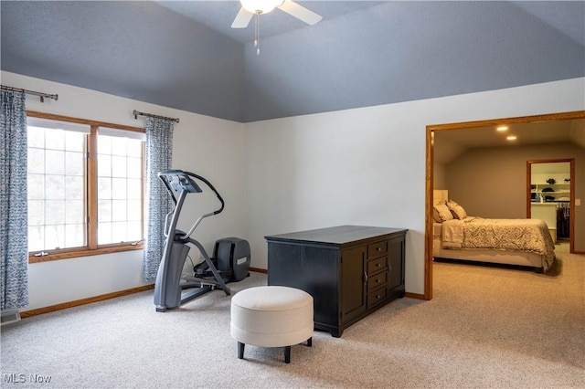 exercise area with lofted ceiling, light carpet, and baseboards