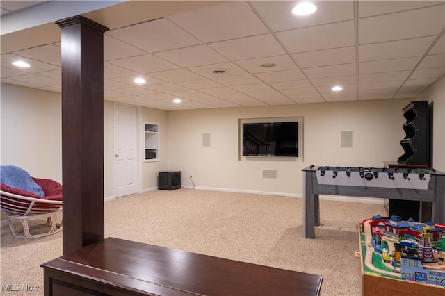 rec room featuring carpet floors, recessed lighting, a paneled ceiling, and baseboards