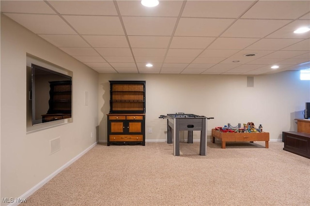 recreation room featuring carpet floors, recessed lighting, and baseboards