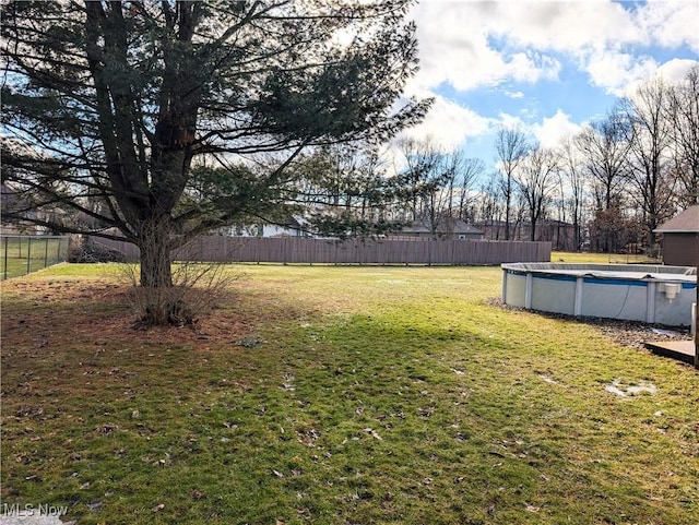 view of yard with a fenced in pool and a fenced backyard