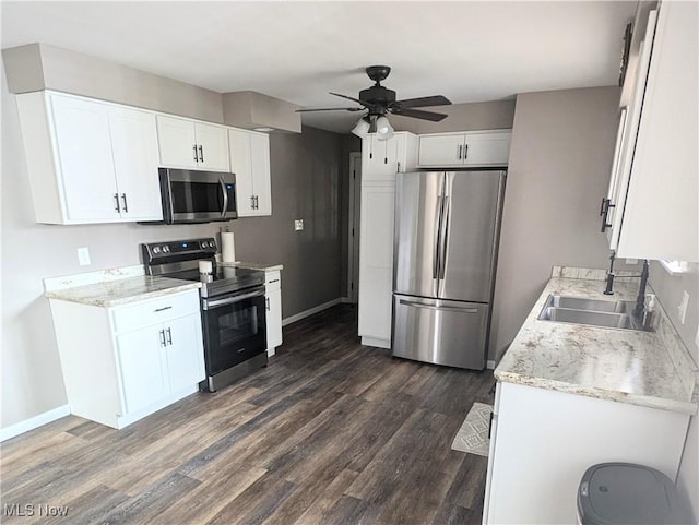 kitchen featuring appliances with stainless steel finishes, a sink, a ceiling fan, and white cabinets