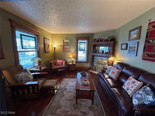 living area with dark wood finished floors and a textured ceiling