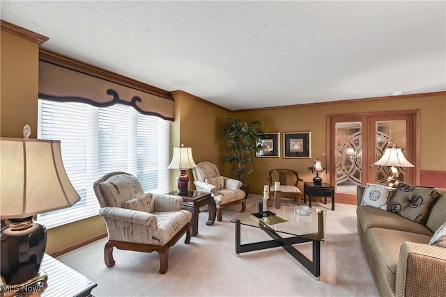 living area featuring light carpet, french doors, and crown molding