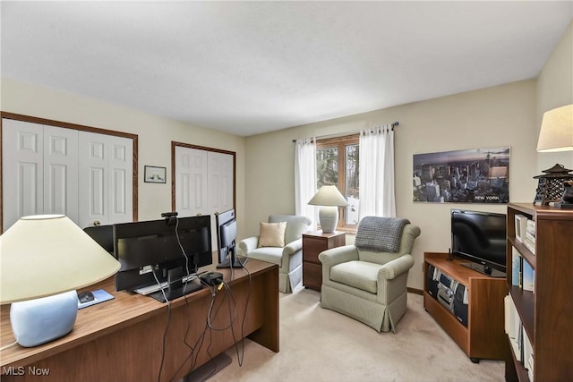 home office with light colored carpet