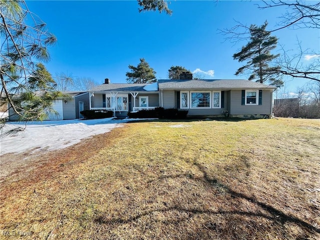 single story home with a garage, driveway, a front lawn, and crawl space