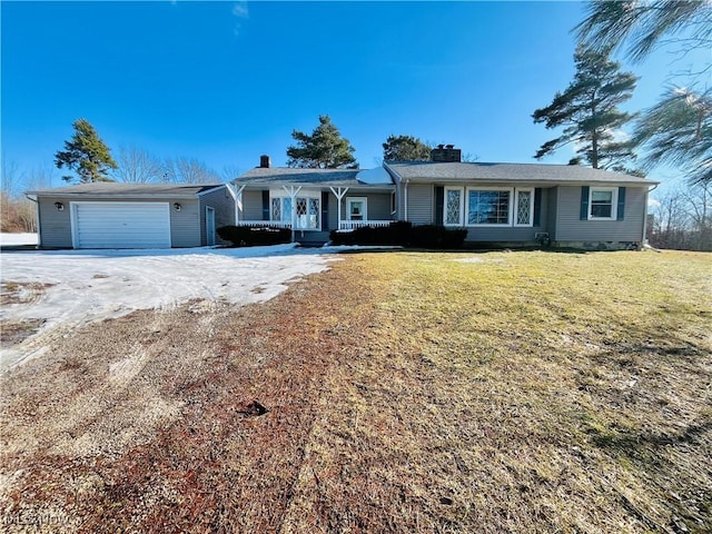 ranch-style house with driveway, a chimney, a porch, an attached garage, and a front lawn