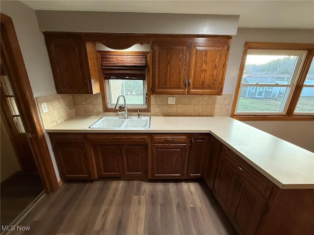 kitchen featuring light wood-style flooring, decorative backsplash, light countertops, and a sink