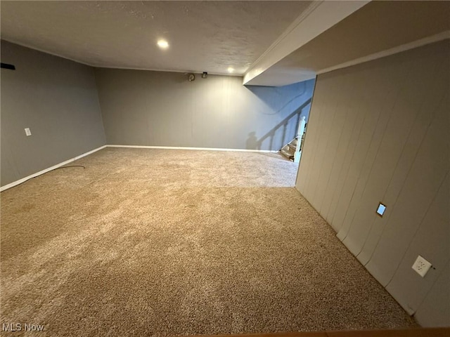 finished below grade area with wood walls and carpet flooring