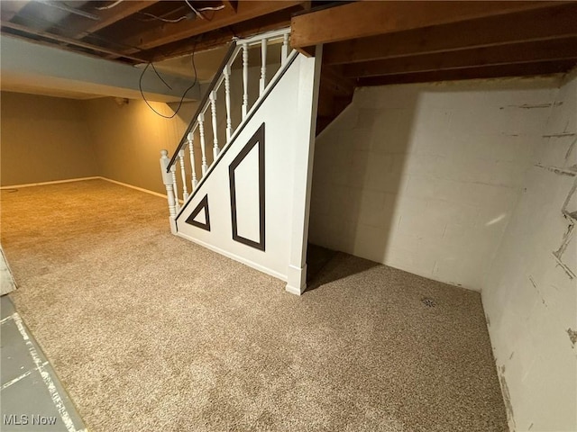 unfinished below grade area with carpet floors and stairway