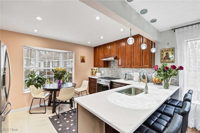 kitchen featuring stainless steel appliances, light countertops, a sink, and under cabinet range hood