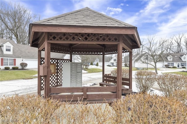 exterior space with mail area and a gazebo