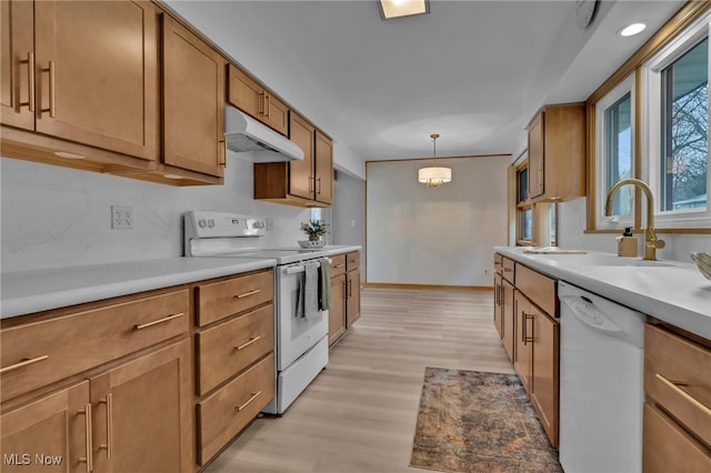 kitchen featuring white appliances, light wood-type flooring, brown cabinets, and under cabinet range hood