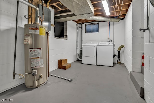 unfinished below grade area with concrete block wall, gas water heater, electric panel, and washer and clothes dryer