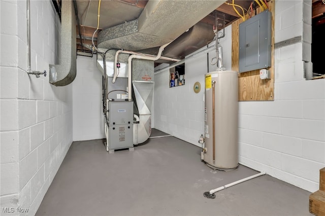 utilities with electric panel, water heater, and heating unit