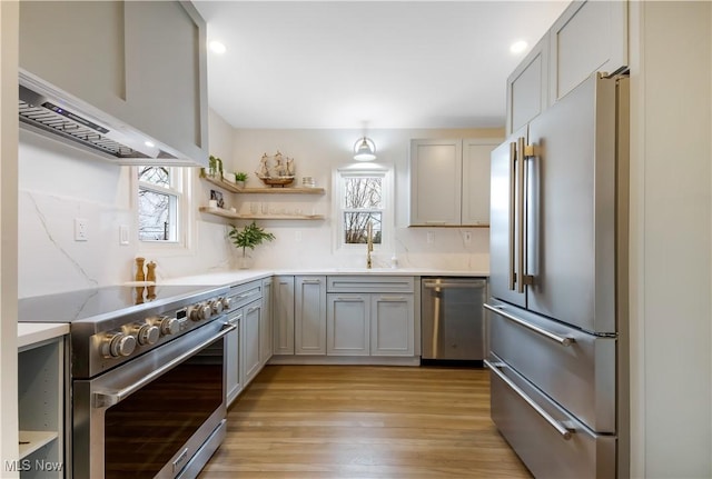 kitchen with high end appliances, gray cabinets, wall chimney range hood, open shelves, and a sink