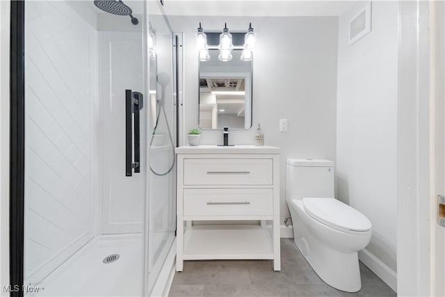 full bath with visible vents, vanity, toilet, and walk in shower