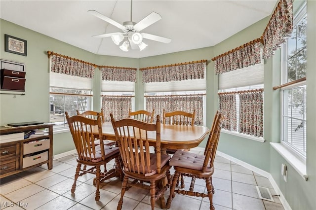 dining area featuring plenty of natural light, visible vents, baseboards, and light tile patterned flooring