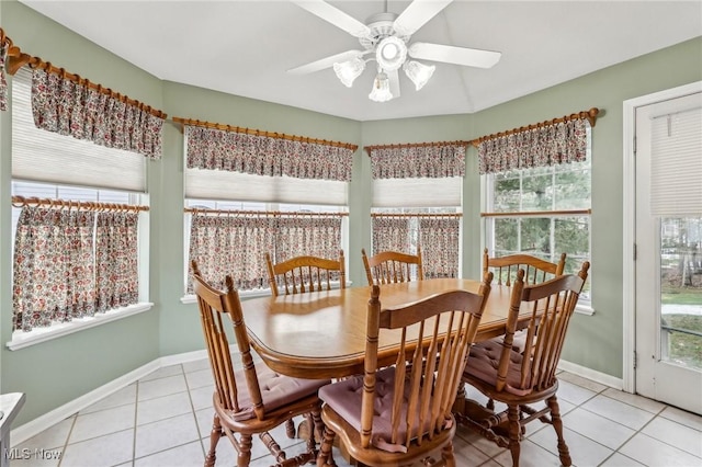 dining room featuring light tile patterned floors, a ceiling fan, and baseboards