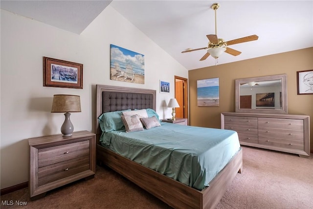 bedroom with lofted ceiling, carpet flooring, and ceiling fan