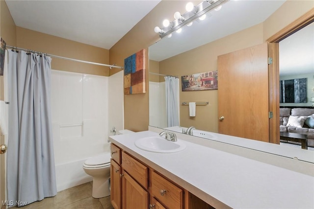 full bathroom with shower / bath combination with curtain, tile patterned flooring, vanity, and toilet