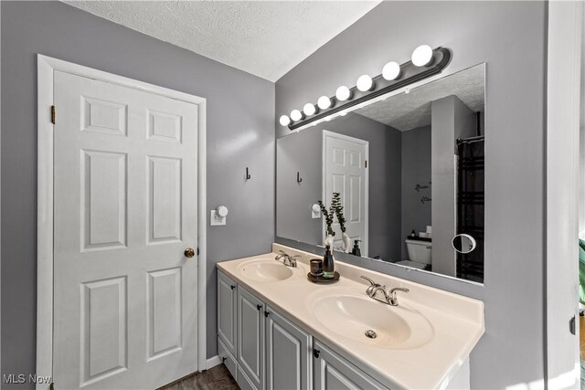 full bathroom with toilet, double vanity, a textured ceiling, and a sink