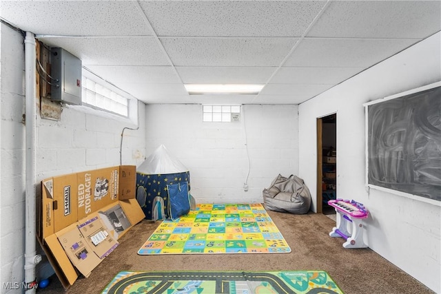 playroom with carpet floors, concrete block wall, and electric panel