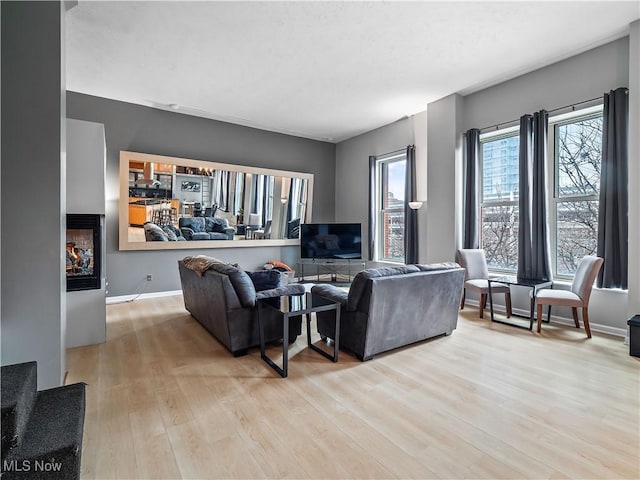 living room with baseboards, wood finished floors, and a multi sided fireplace