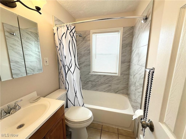 full bathroom with toilet, shower / tub combo, a textured ceiling, vanity, and tile patterned floors