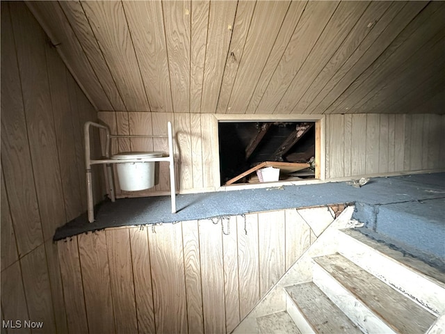 interior space with wood ceiling and wooden walls