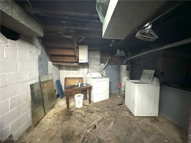 unfinished basement with washing machine and dryer and water heater