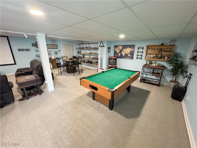 rec room featuring billiards, a drop ceiling, baseboards, and carpet floors