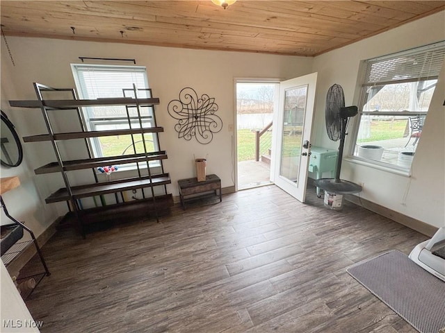 interior space featuring a wealth of natural light, wood finished floors, and wooden ceiling