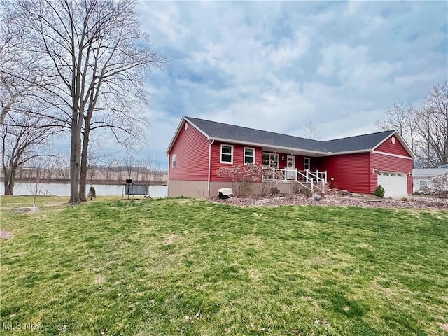 ranch-style house with a water view, a porch, a garage, and a front yard