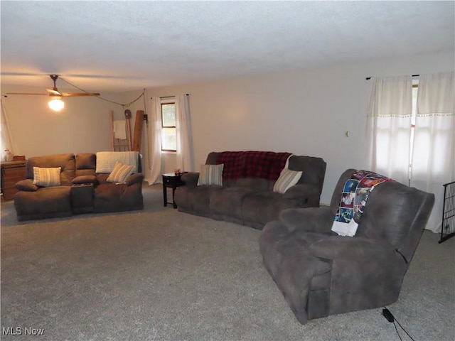 living area featuring a ceiling fan