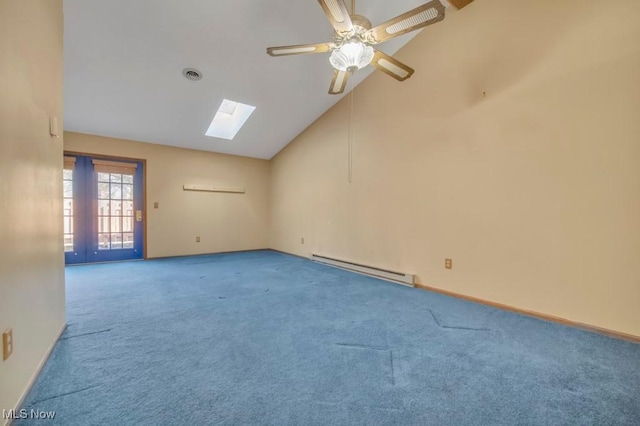 carpeted spare room featuring baseboards, visible vents, a ceiling fan, baseboard heating, and high vaulted ceiling